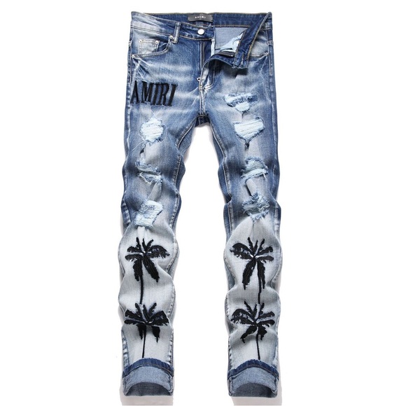 AMIRI Blue Distressed Palm Design Skinny Jeans - Picture 1 of 9